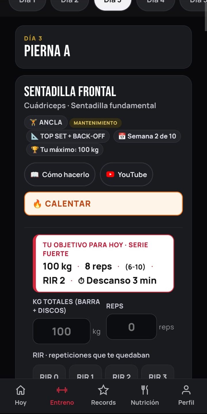 Pantalla de ejercicio de Spartan Trainer con el peso objetivo, las repeticiones, el RIR y el descanso