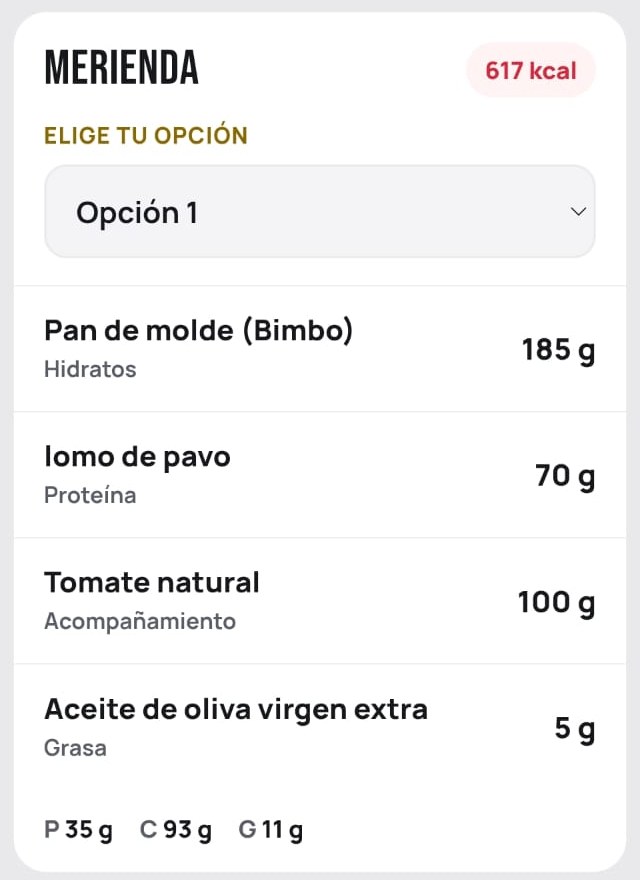 Merienda opción 1 en Spartan Trainer: pan de molde, lomo de pavo, tomate y aceite de oliva, 617 kcal